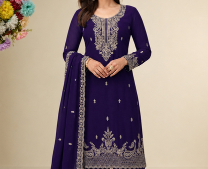 Royal Purple Salwar Kameez styled for anniversary celebration