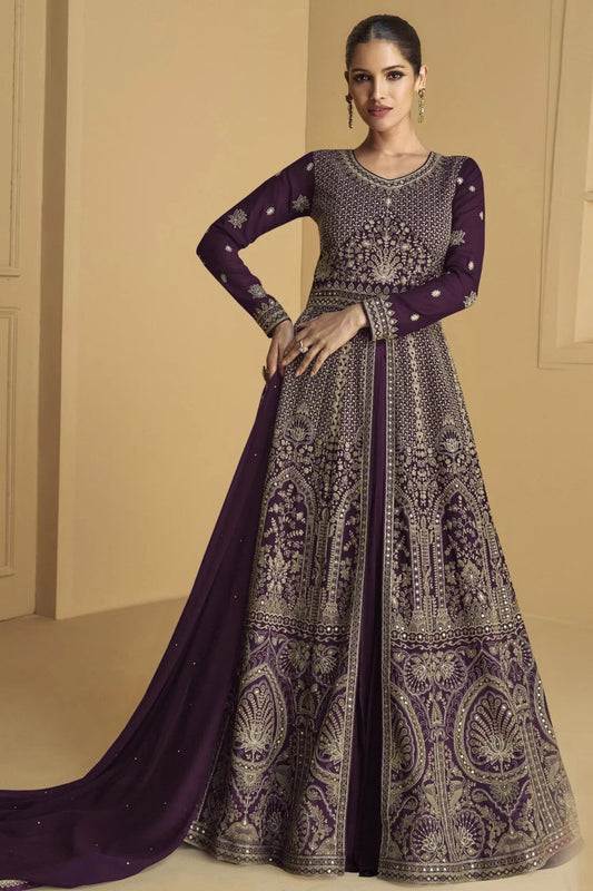 Wine Wedding Anarkali Outfit with Dupatta for USA Women's