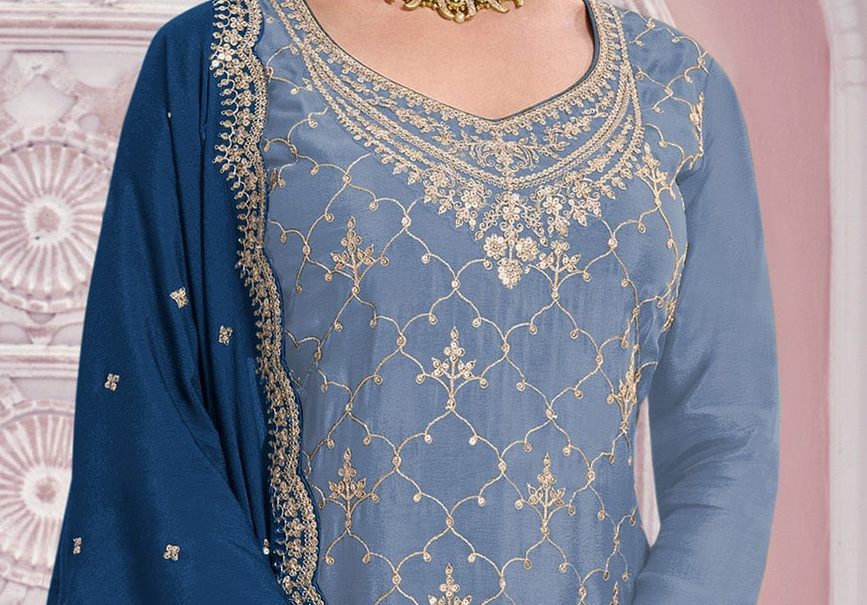 Sky blue embroidered kameez palazzo pants front profile