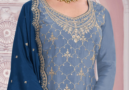 Sky blue embroidered kameez palazzo pants front profile