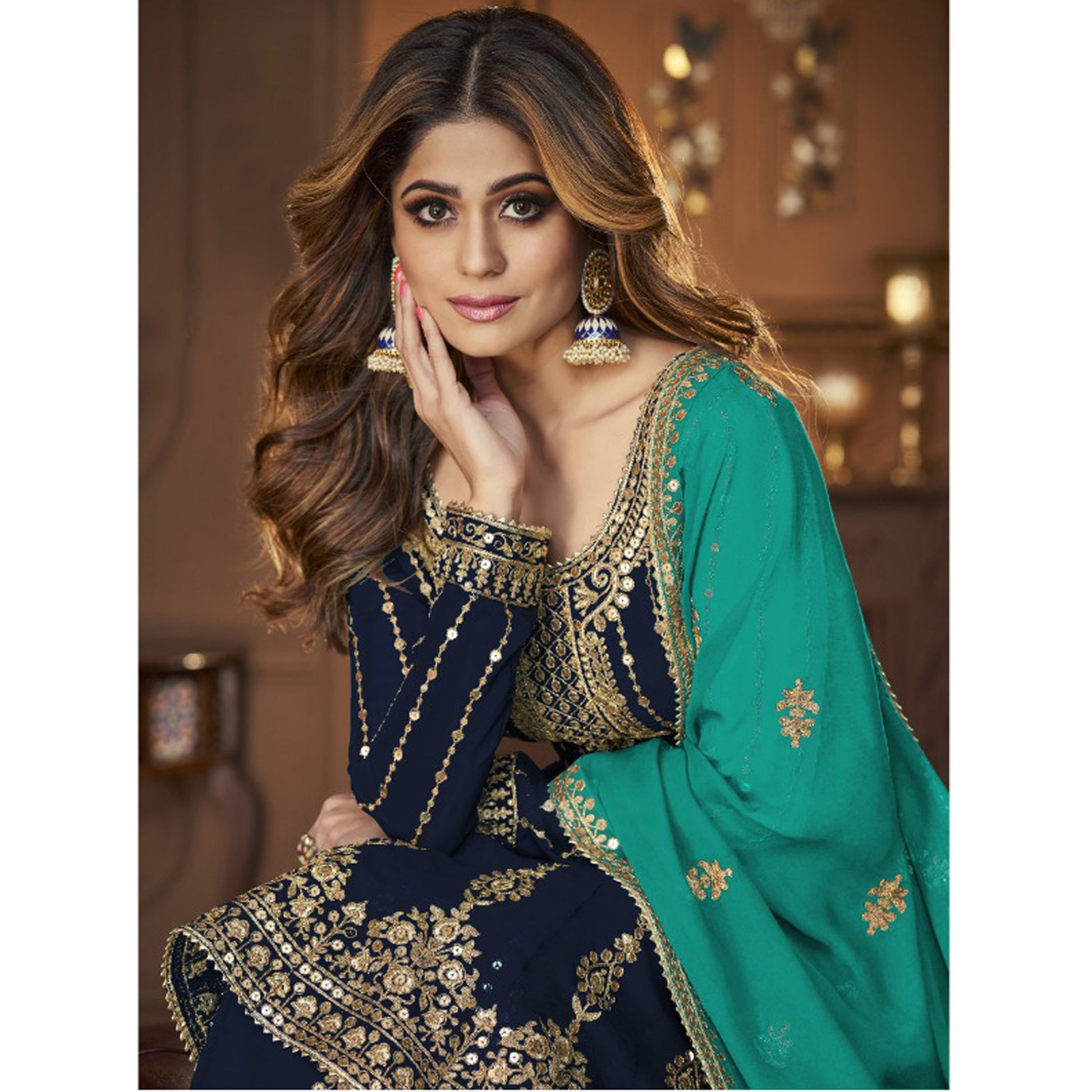 designer navy blue lehenga choli close-up of hand embroidery