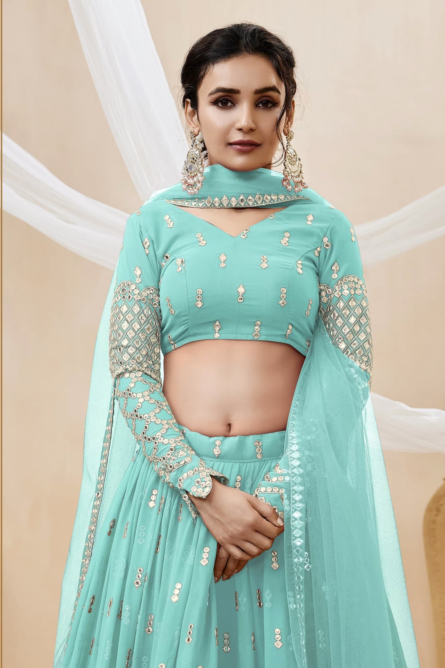 Close-up of sequins embellishment on georgette lehenga
