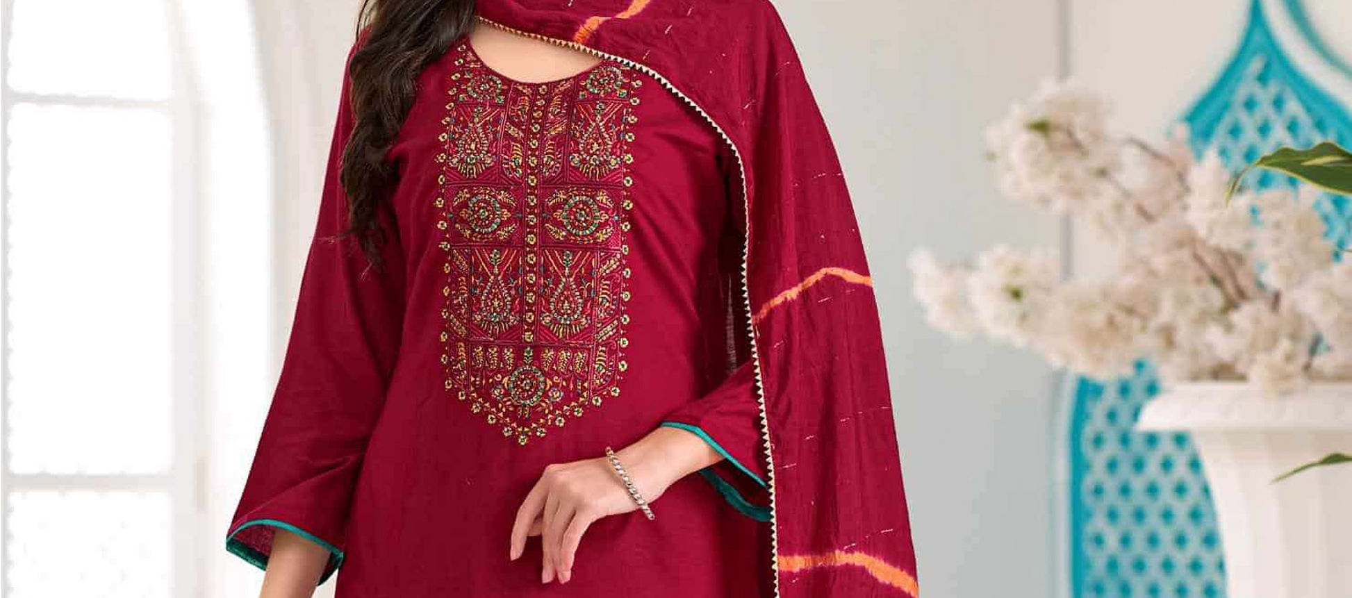 Embroidery work finish on viscose salwar kameez