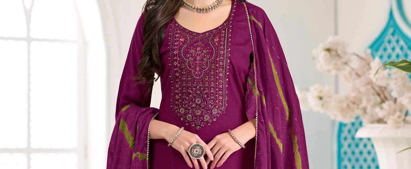 Ladies salwar kameez with embroidery work in wine shade