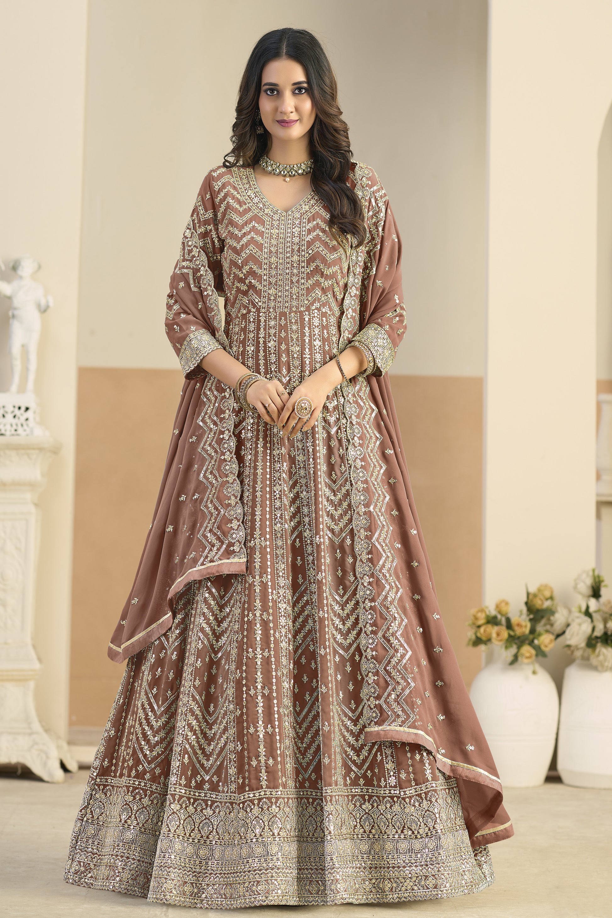 Embroidery worked Anarkali gown with dupatta