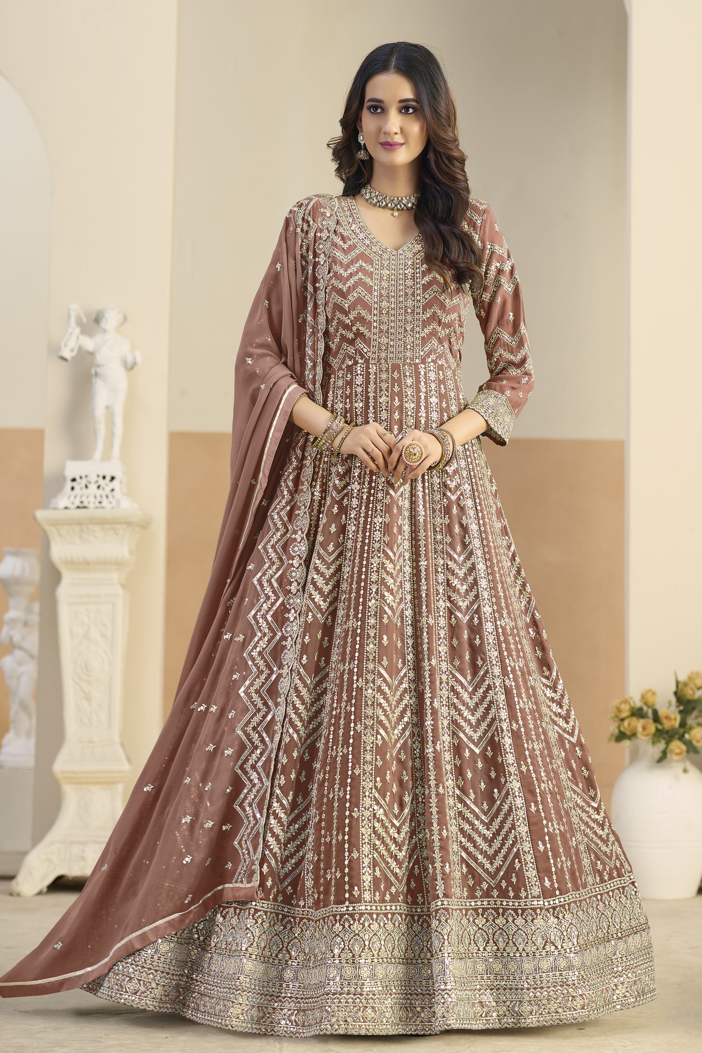 Light brown embroidery worked Anarkali gown front view
