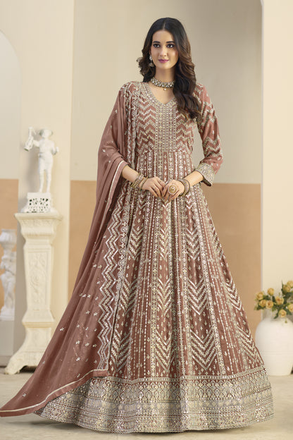 Light brown embroidery worked Anarkali gown front view