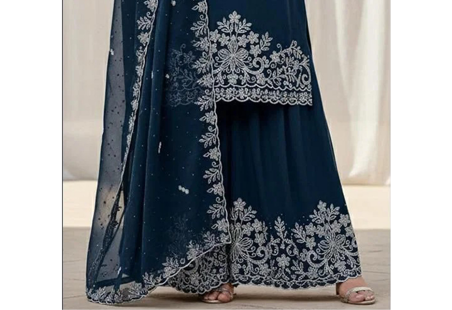 Embroidery and zarkan work detail on teal blue ensemble