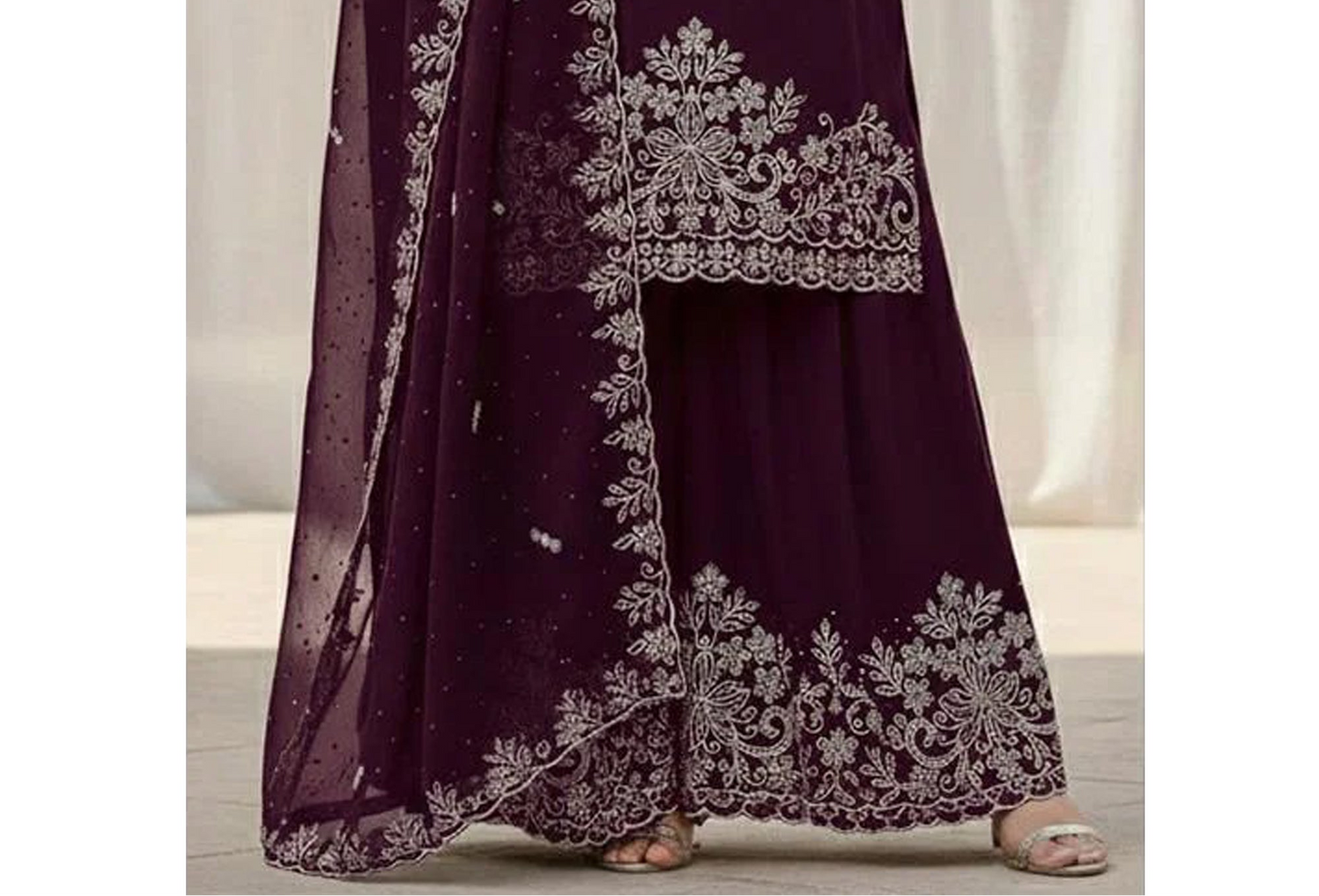 Wine palazzo set featuring Embroidery & Zarkan Work accents
