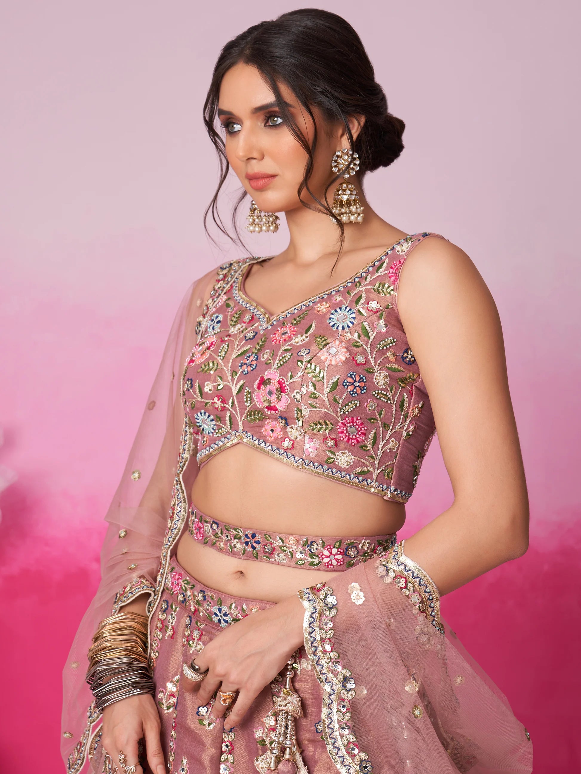 silk lehenga choli blouse embroidery and neckline detail