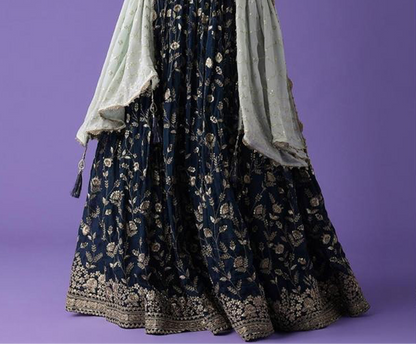 engagement look with navy blue lehenga choli