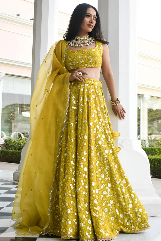 Lehenga Cholis with thread embroidery and gota patti border