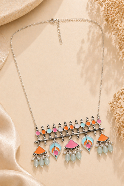 ethnic pendant necklace with pastel accents
