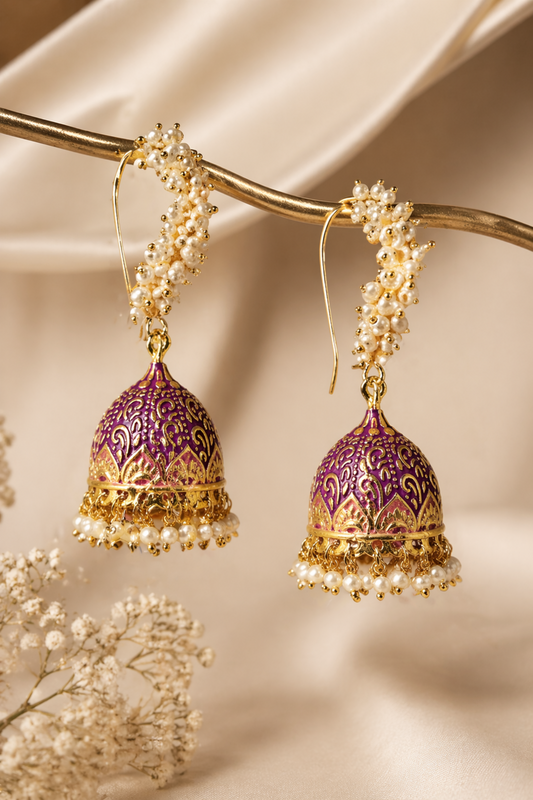 pink enamel jhumka earrings with pearl fringe
