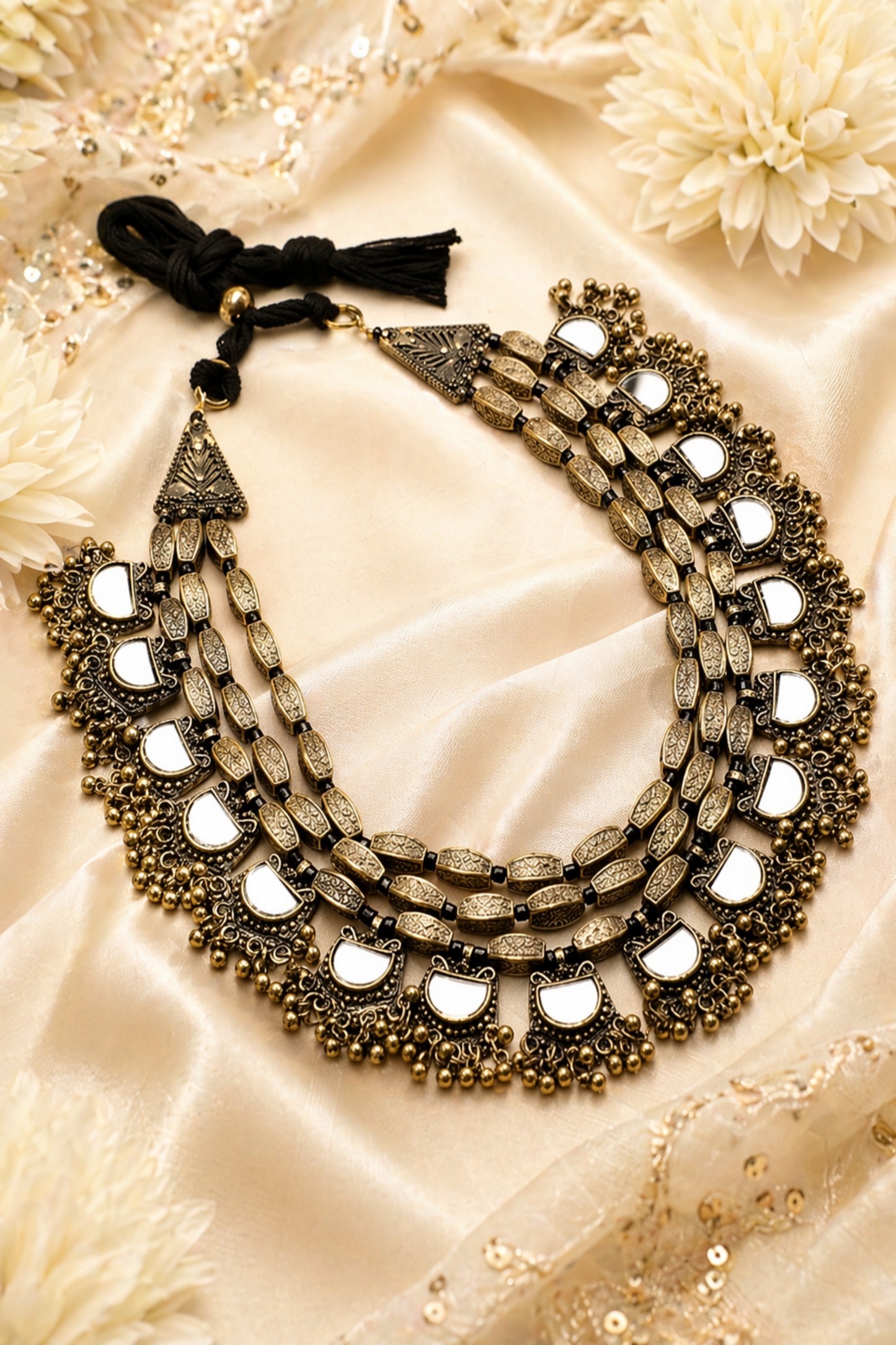 antique gold layered necklace with mirror details

