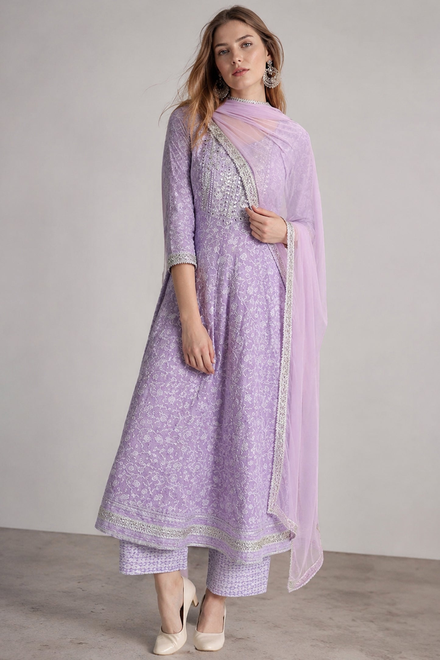 Anarkali Kurti styled with embroidered neckline accents