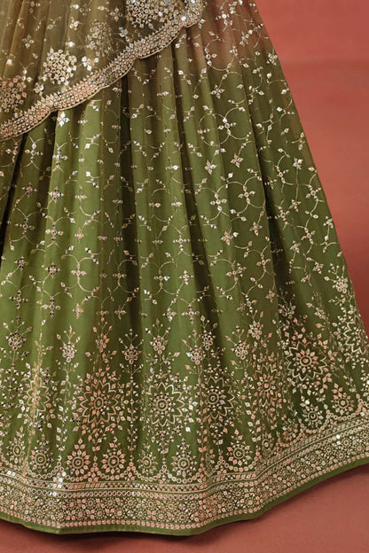 Wedding guest look in olive green lehenga choli