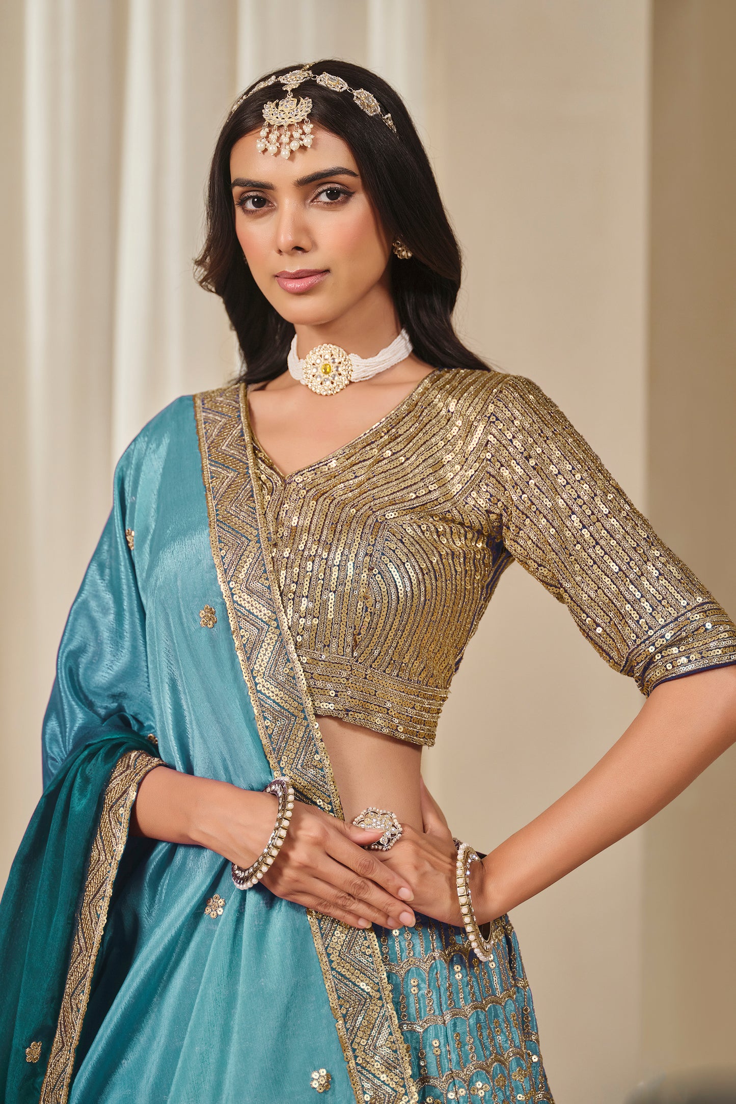 Fabric texture of Chinon silk lehenga choli