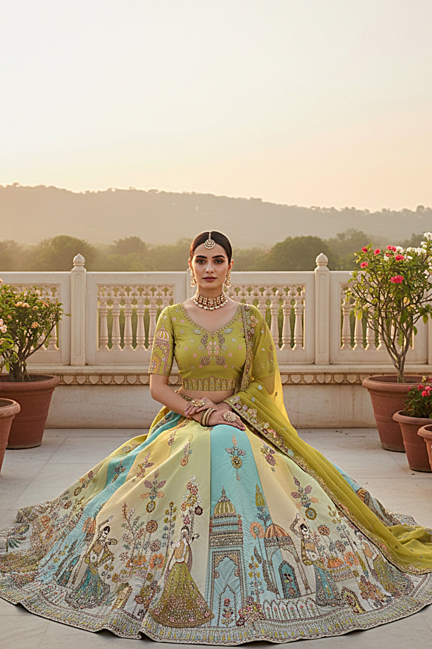 Mustard lehenga styled with traditional jewelry look