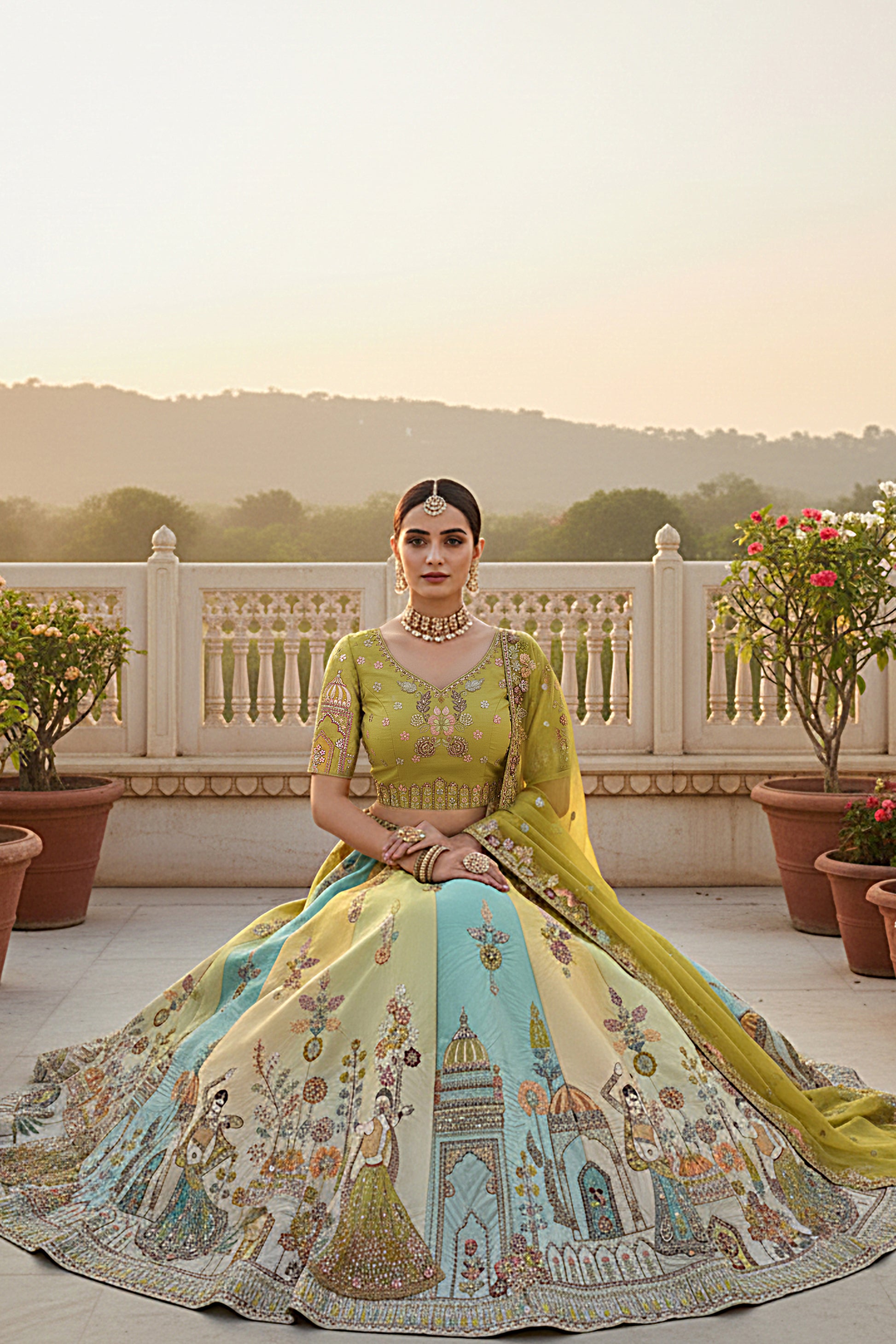 Mustard lehenga styled with traditional jewelry look