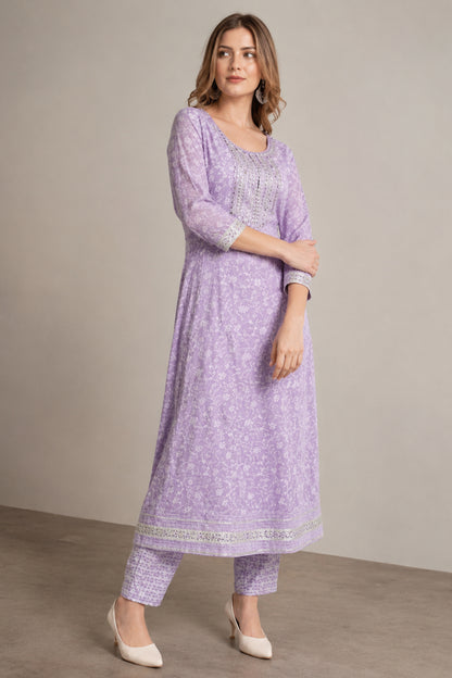 Purple embroidered kurti with coordinated straight pants