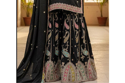 Heavy chinon black sharara suit with structured drape