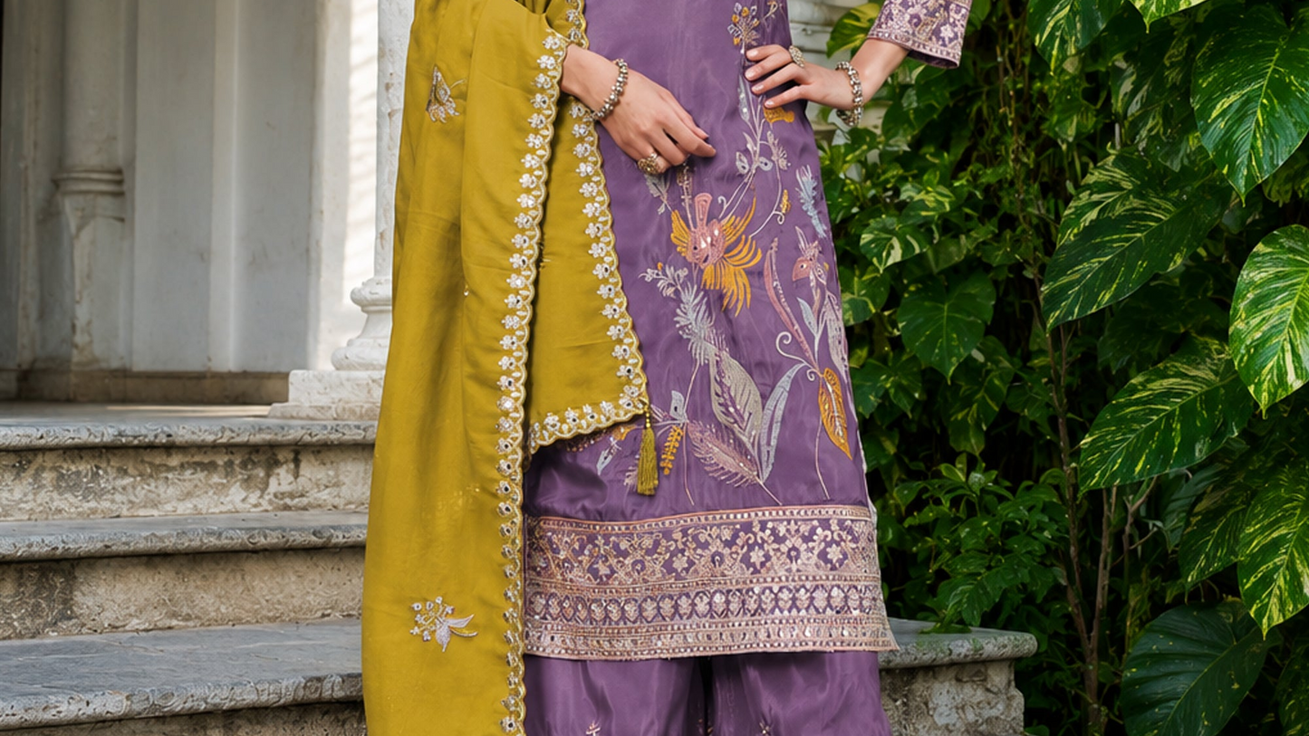Lavender Palazzos With Sequence Embroidery Styling
