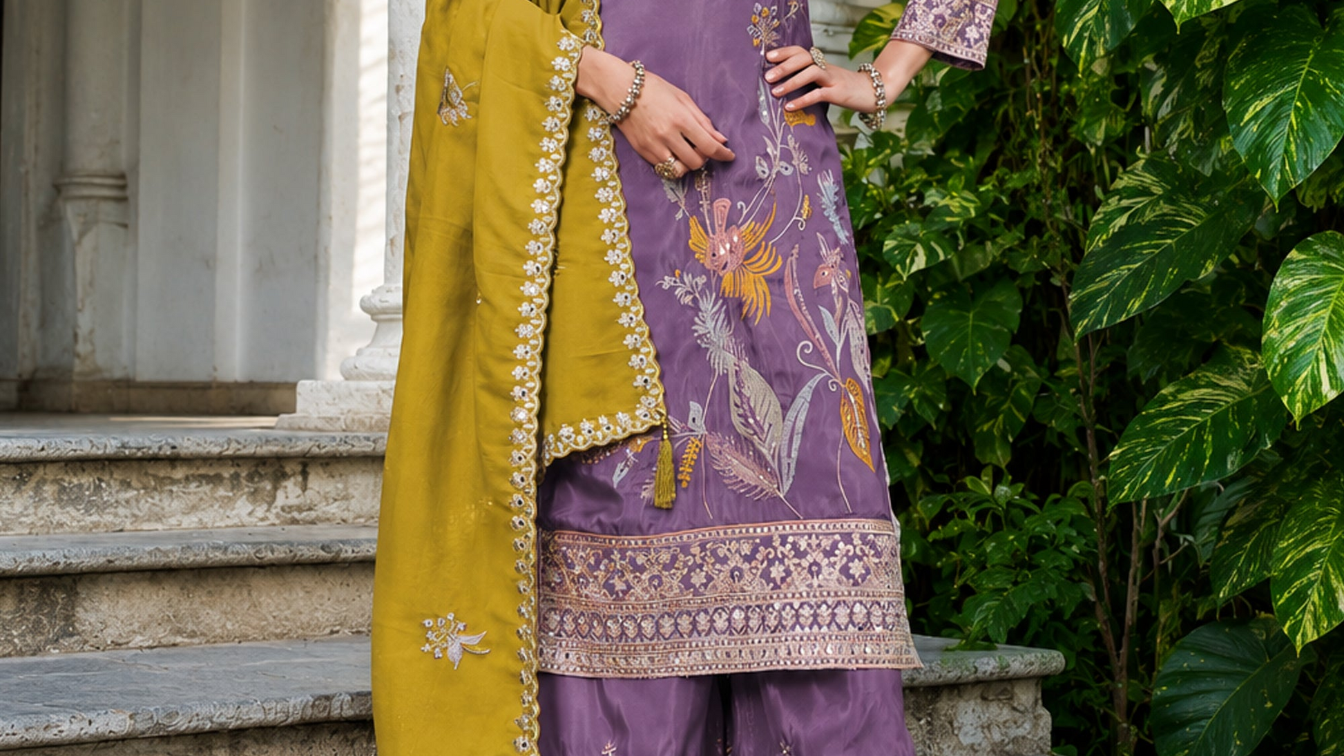 Lavender Palazzos With Sequence Embroidery Styling