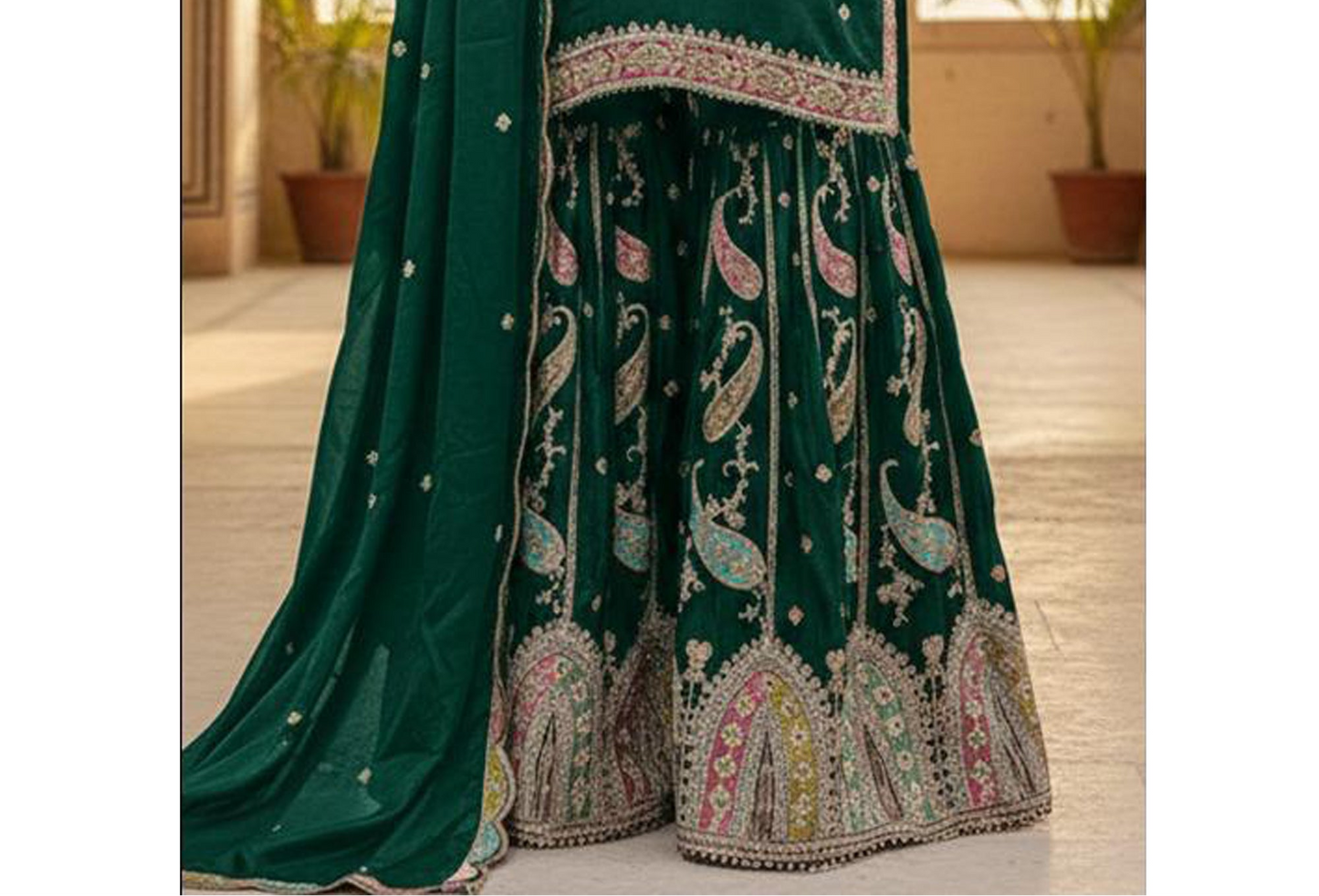 Fancy Embroidery Work detail on Royal Green sharara ensemble