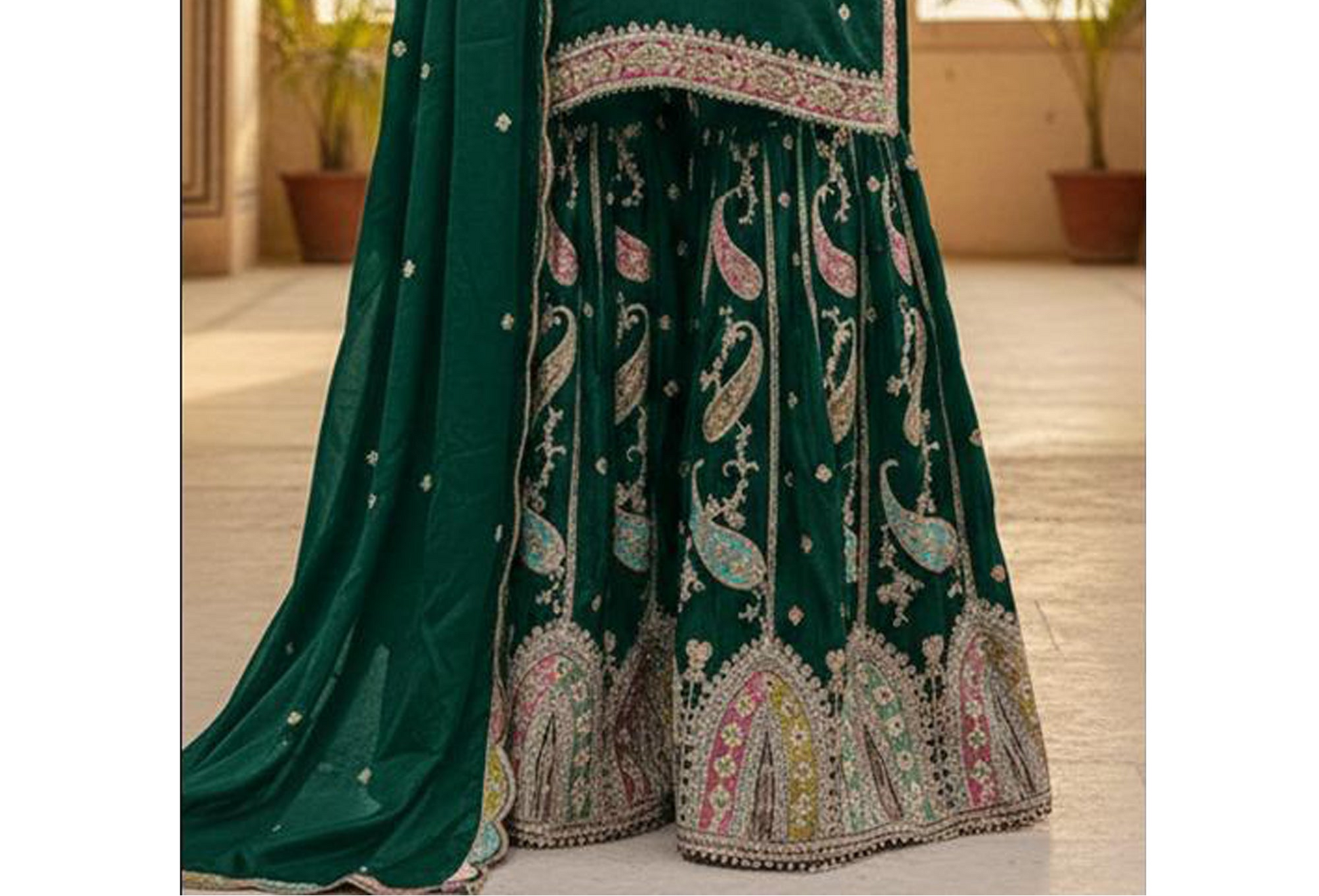 Fancy Embroidery Work detail on Royal Green sharara ensemble