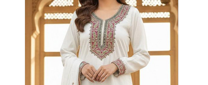 Detailed Fancy Embroidery Work on White Sharara Suit