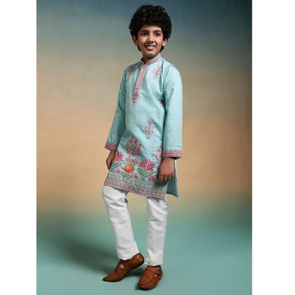 Side profile of sky blue kurta with pajama for men