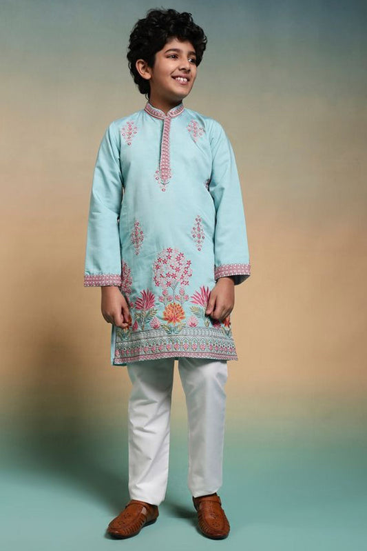Fancy kurta for boys in sky blue front view