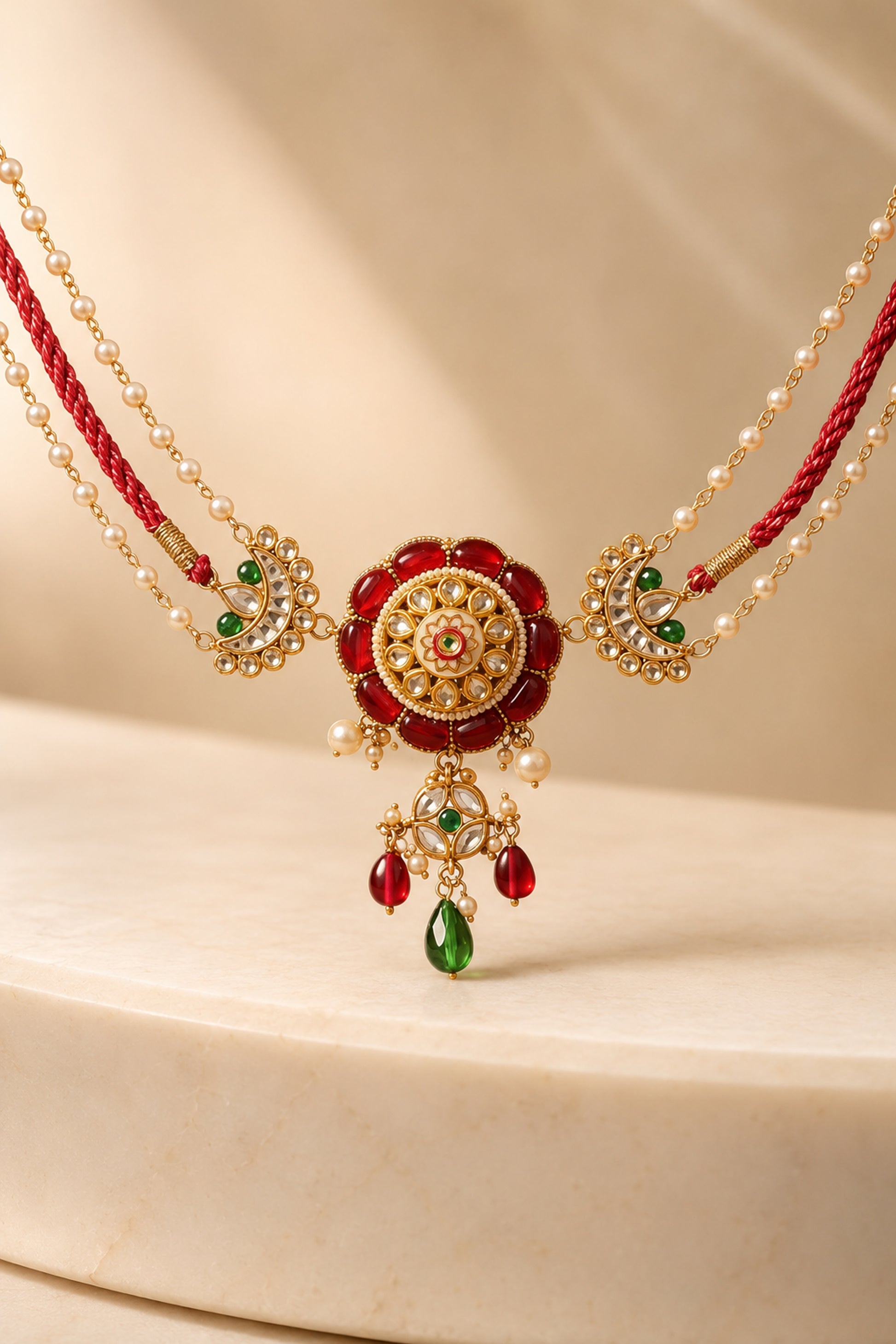 Suspended red and green drops beneath a floral centrepiece