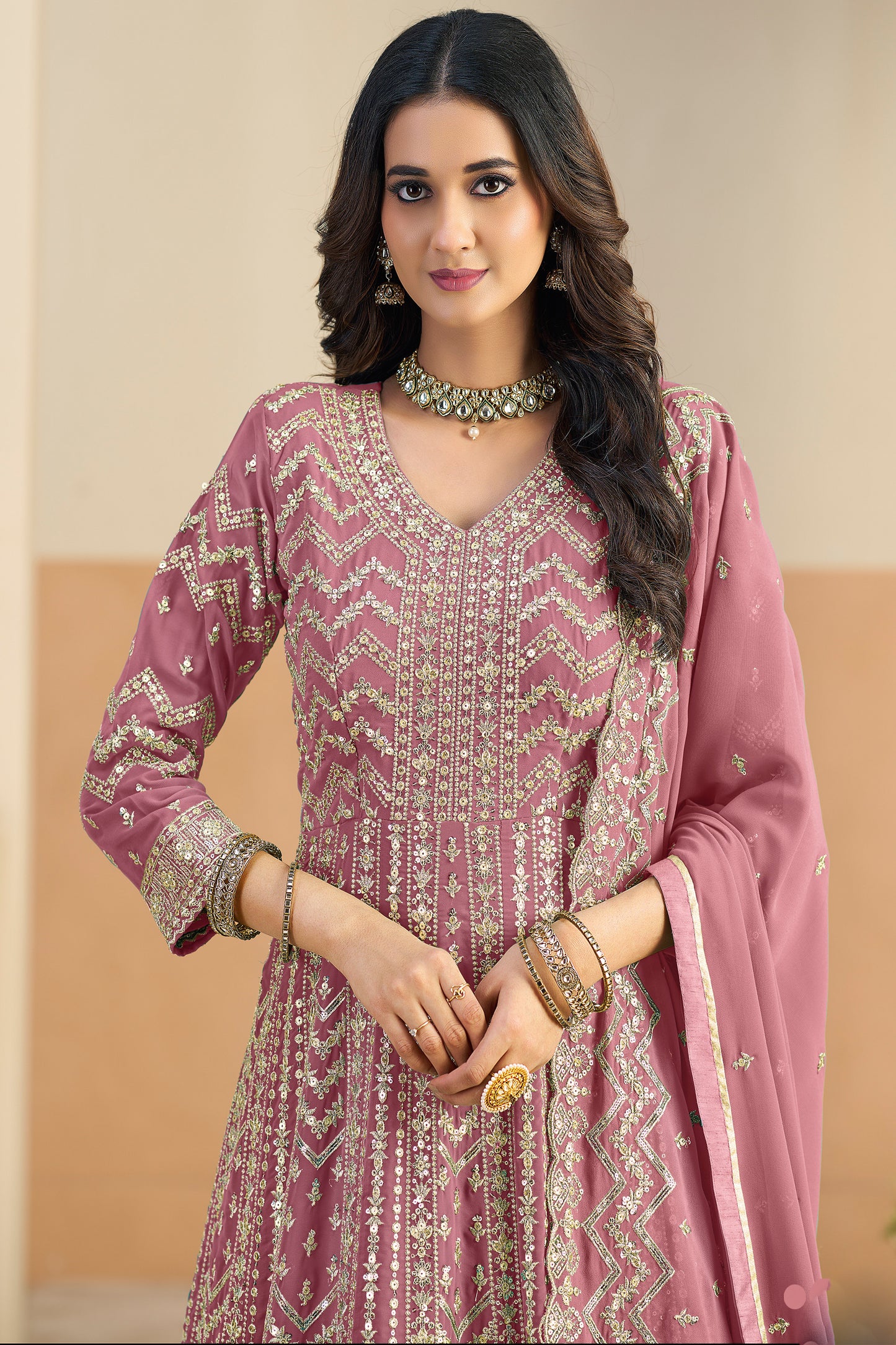 Pink Anarkali gown full view with dupatta