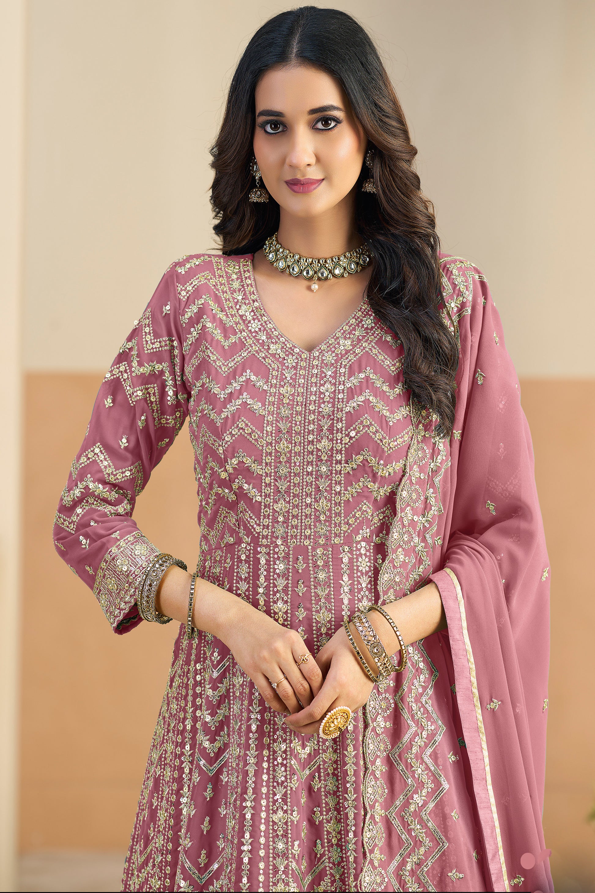 Pink Anarkali gown full view with dupatta