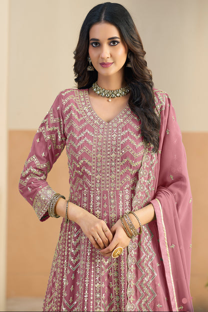Pink Anarkali gown full view with dupatta