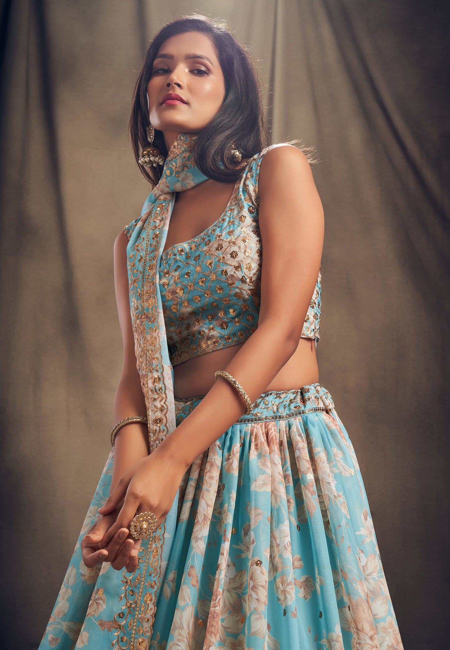 Sky blue lehenga choli for wedding guest outfit