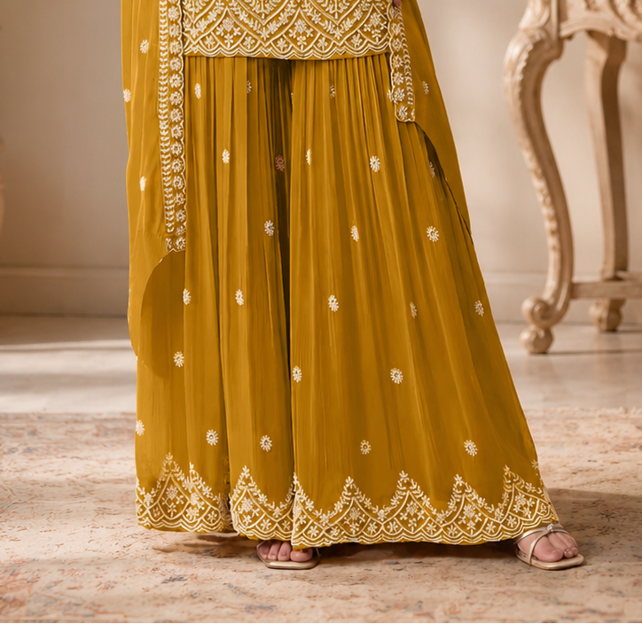 Mustard Yellow Sharara with flowing Faux Georgette silhouette