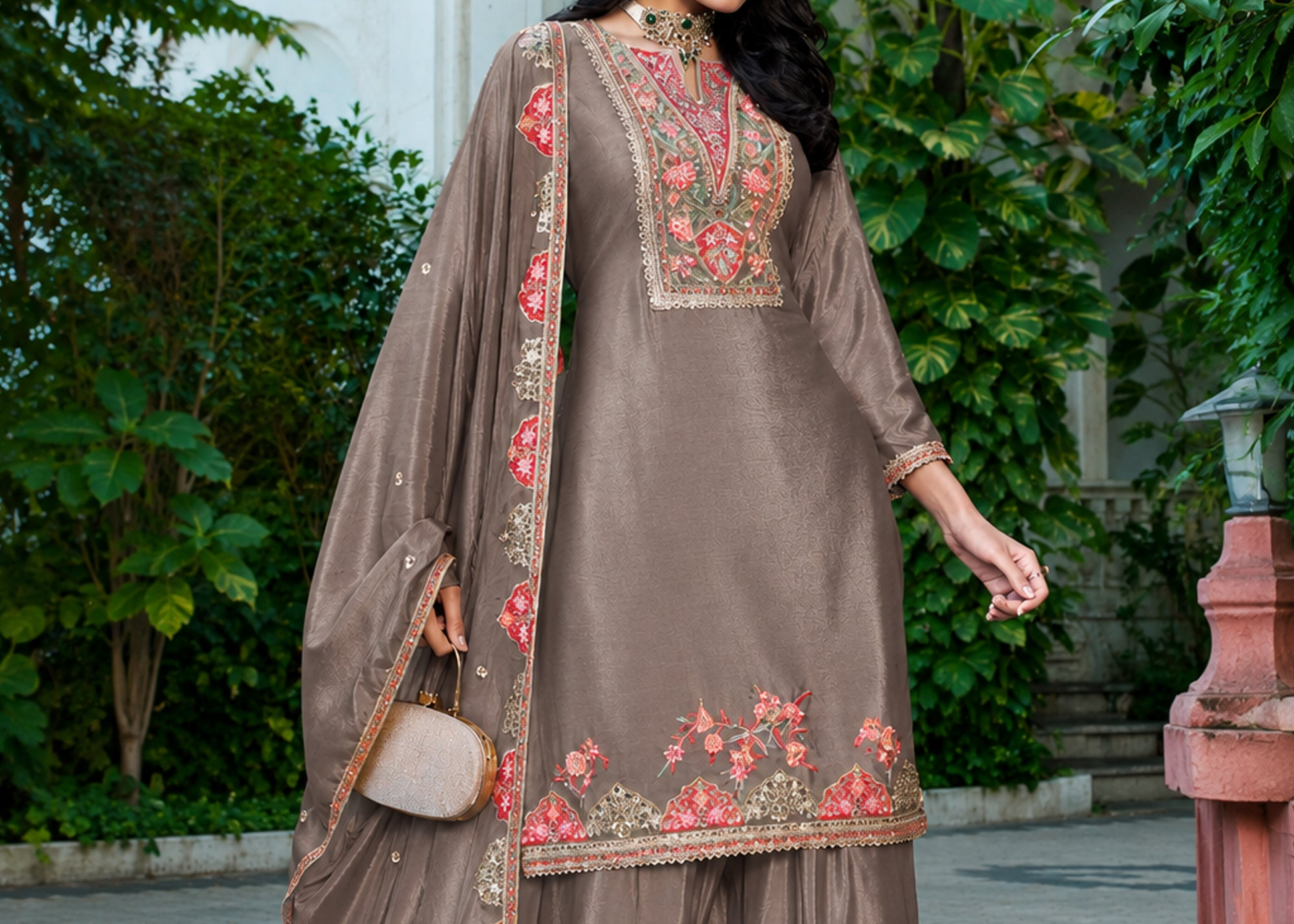 Brown palazzo suit styled for evening celebration wear