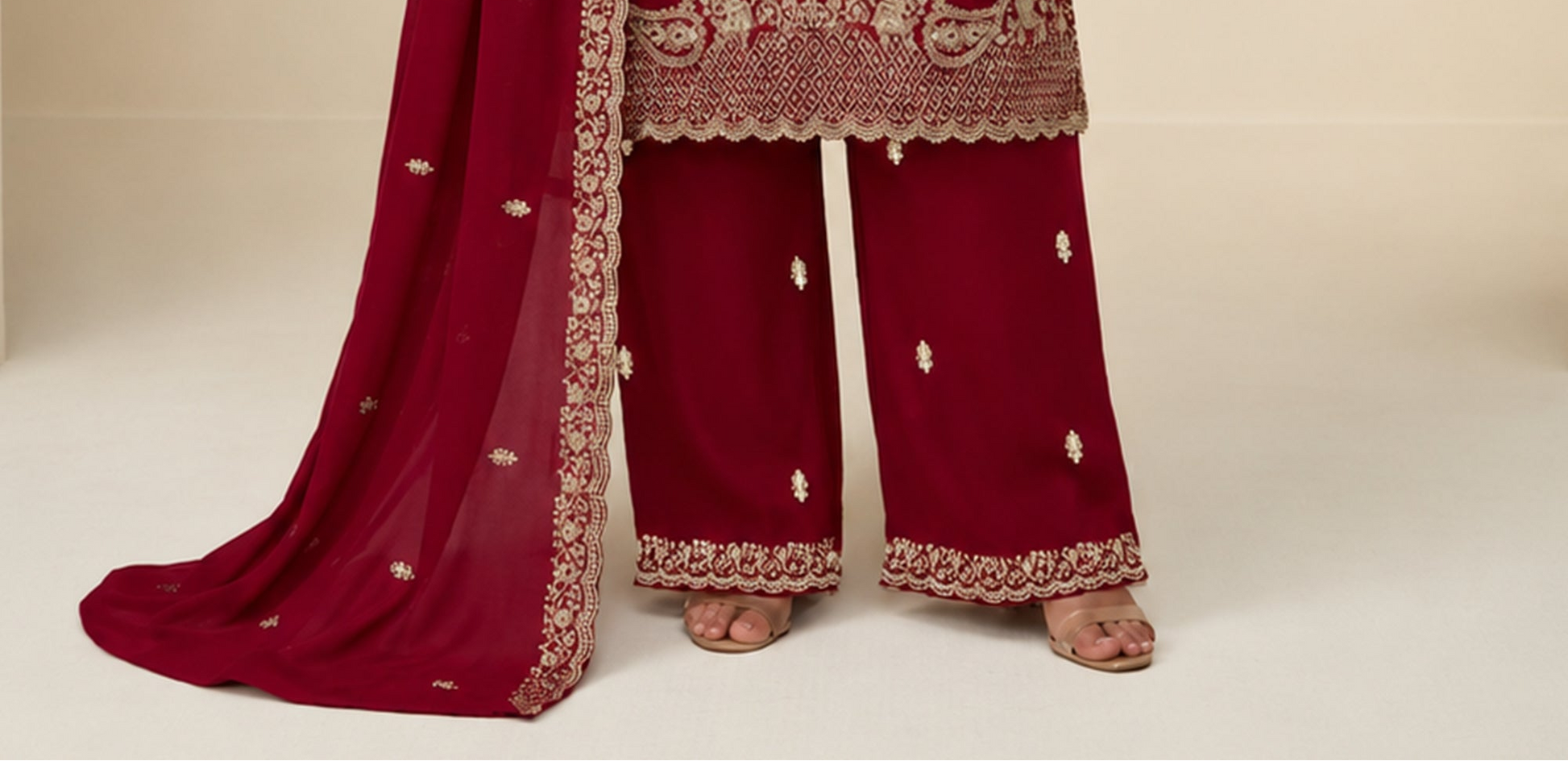 Premium thread sequin embroidery on burgundy red fabric