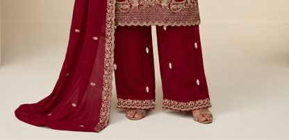 Premium thread sequin embroidery on burgundy red fabric