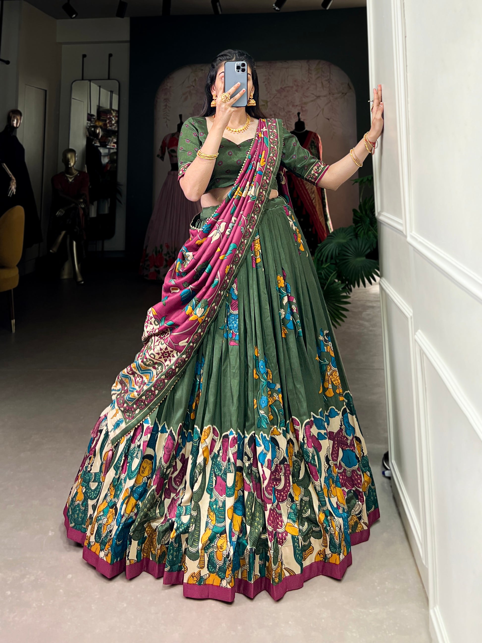 Mehendi ceremony outfit dark green lehenga choli look