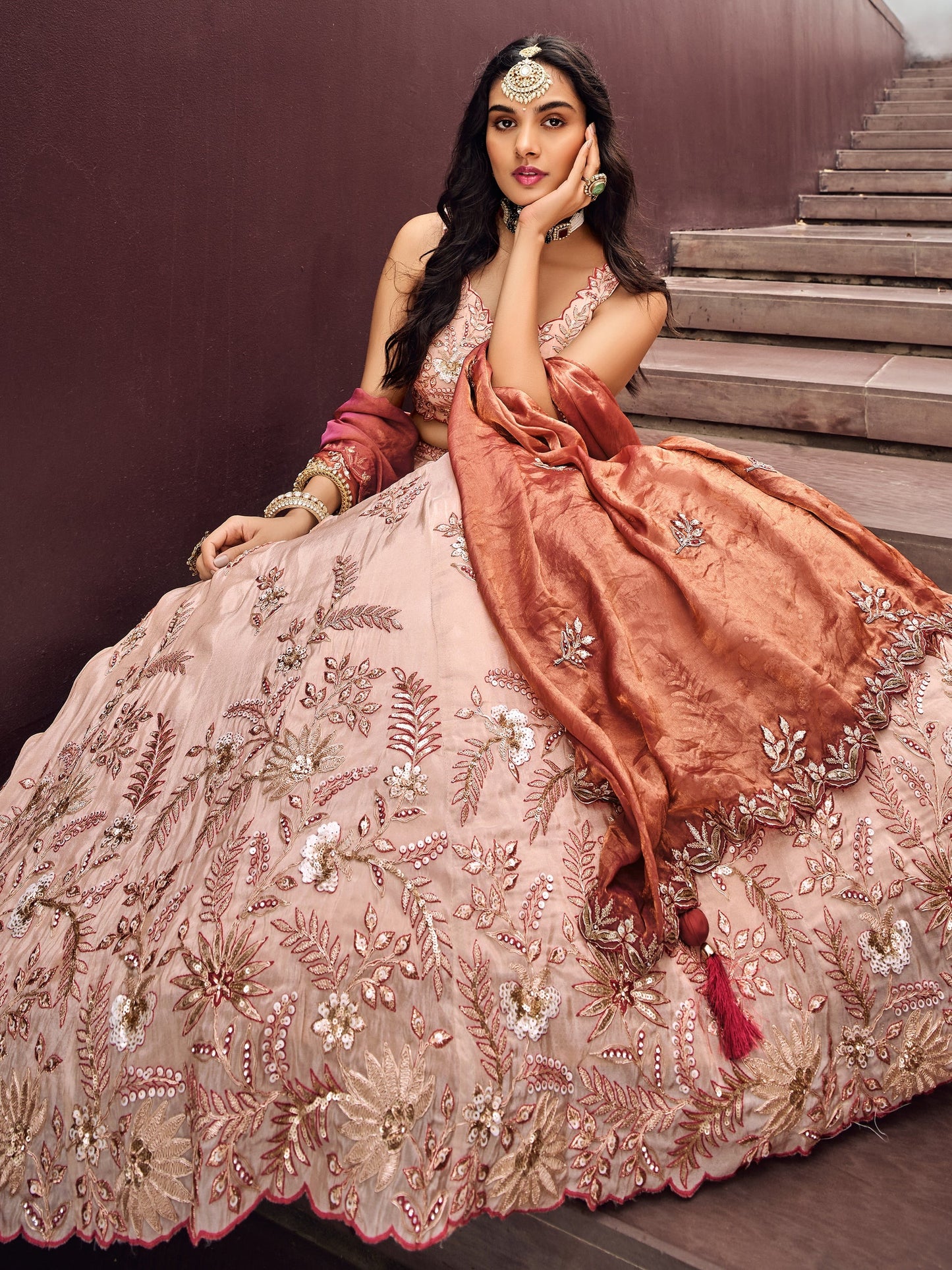 Festive outfit styling with Peach Beige lehenga choli