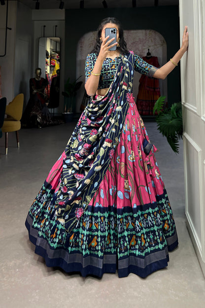 Model wearing hot pink lehenga in reception setting