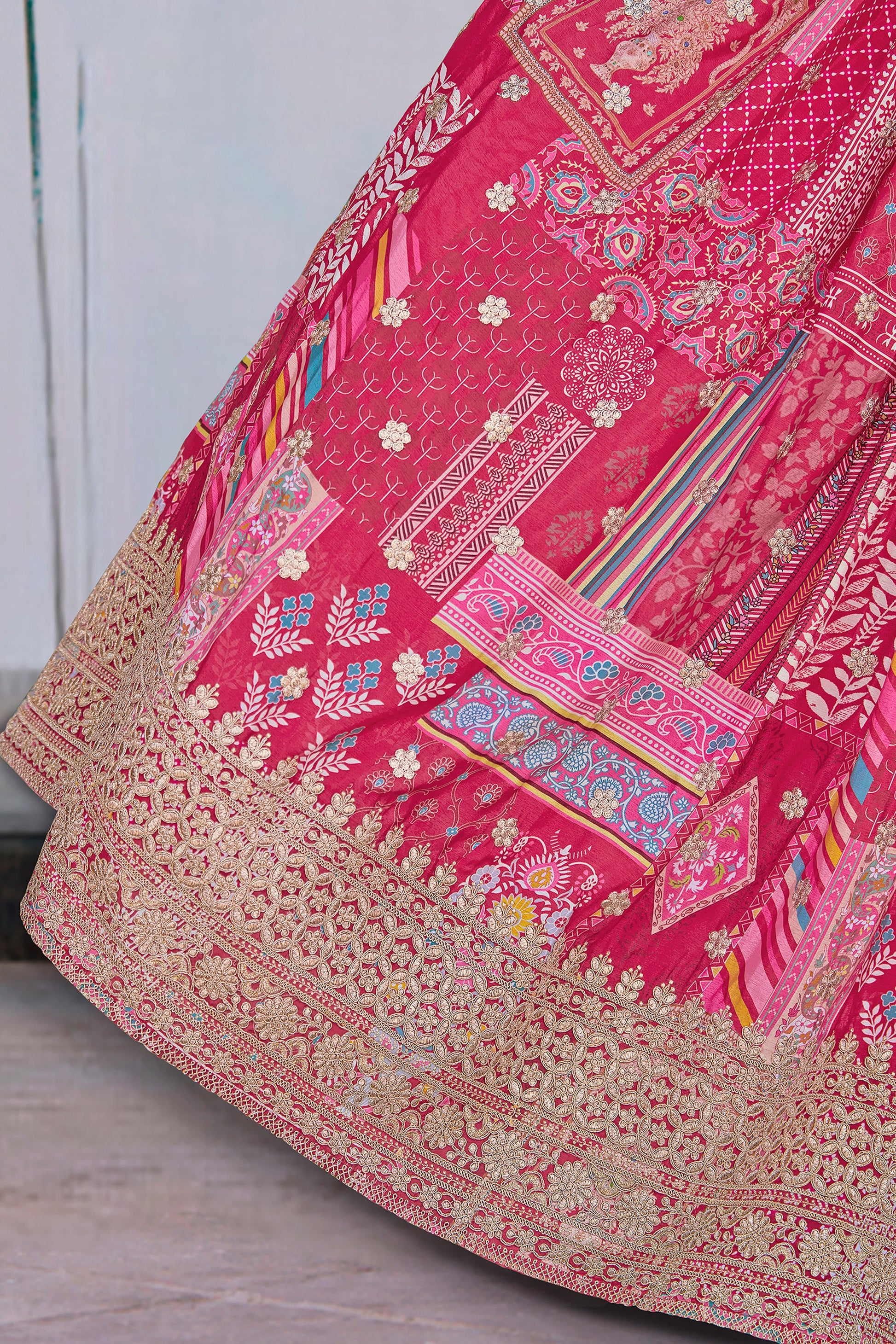 Bright pink festive lehenga choli with zari embroidery work
