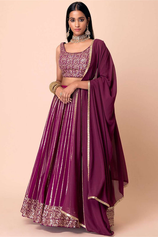 Full outfit display showing lehenga choli set with dupatta flow
