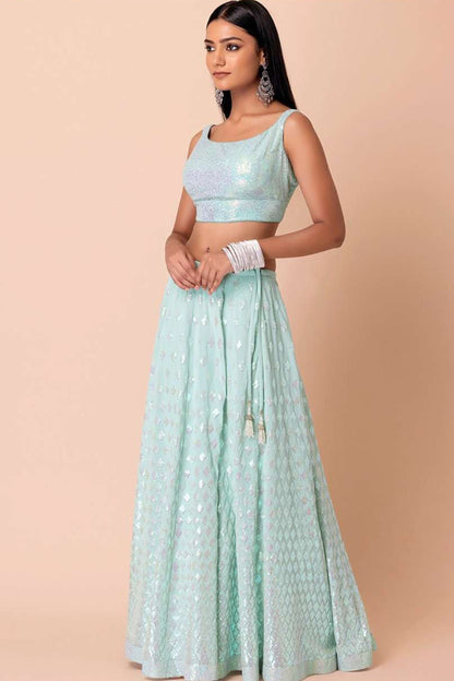 side angle view of georgette lehenga with sequins work