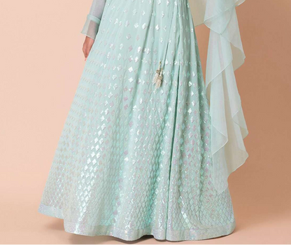 sky blue georgette lehenga choli with zari embroidery close-up
