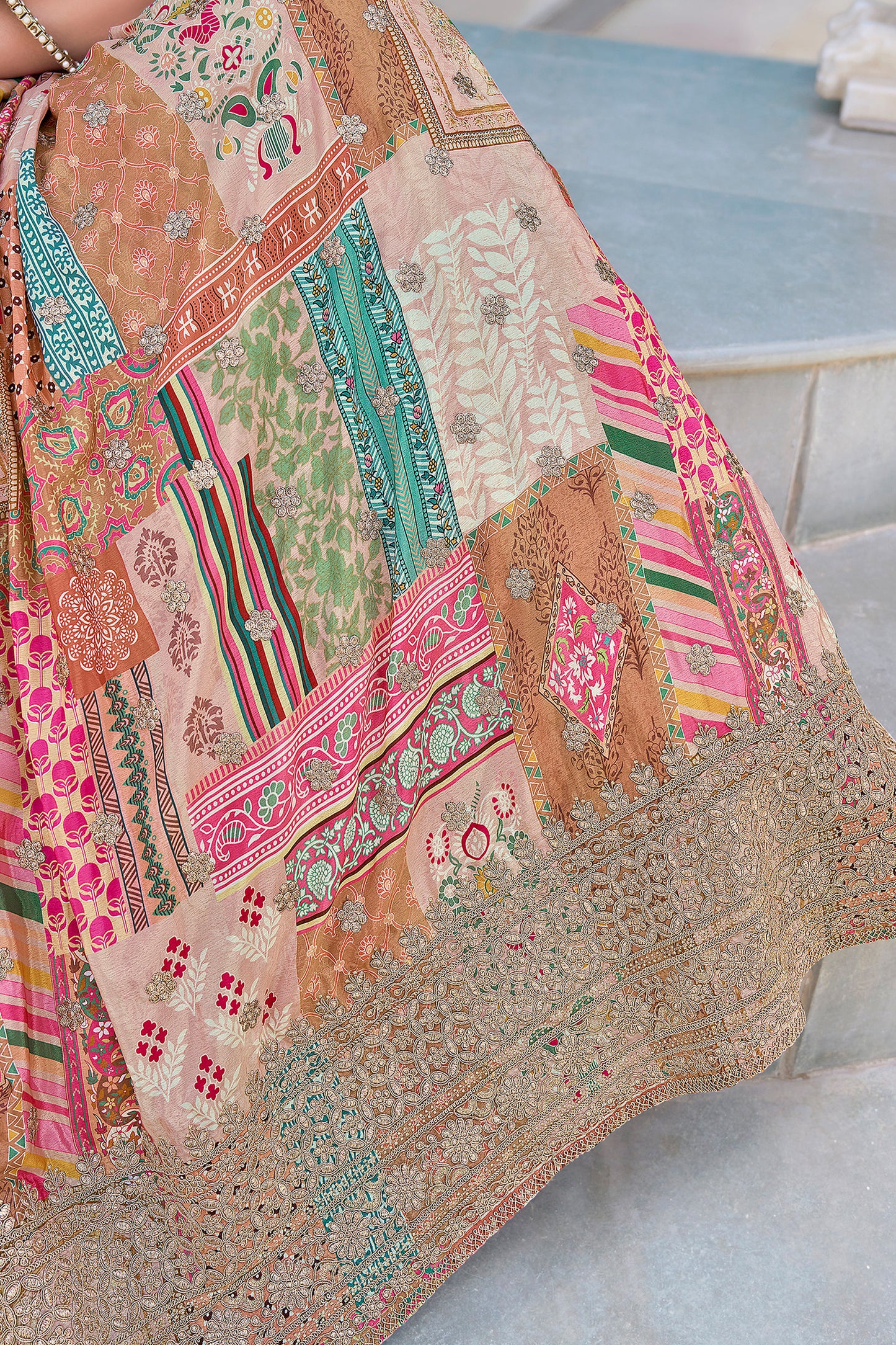 Festive lehenga choli with zari and lace border detailing